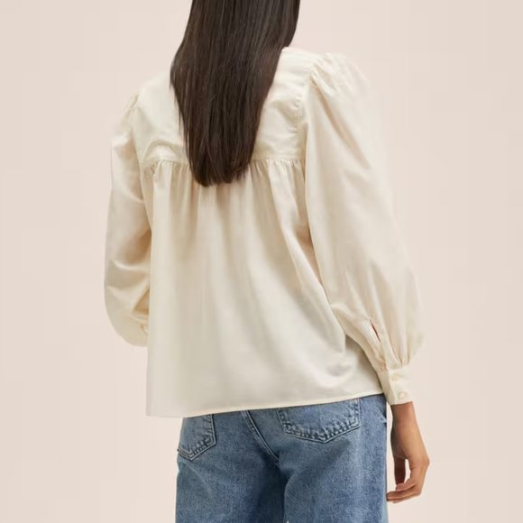 NWT MANGO MNG Size 4 Sml BOHO Cream Blouse Puff Sleeve Lace Insert Romantic NEW - Picture 2 of 13
